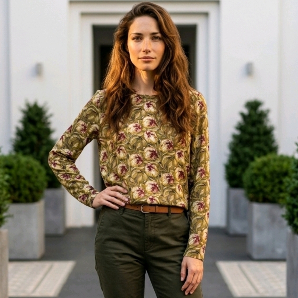Philosophy Gold Tulip Floral Blouse S Fringe Long Sleeve Boho Fall Botanical